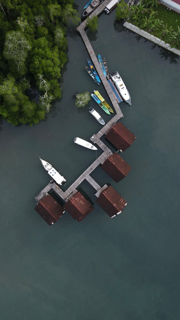 A serene aerial view of a dock with boats and lush greenery in Southwest Papua, Indonesia.